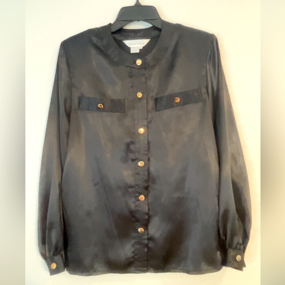 Vintage Susan Hutton Satin Black Blouse with Gold Buttons Size 12